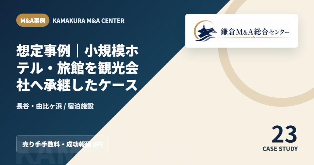 M&A事例アイキャッチ｜想定事例｜小規模ホテル・旅館を観光会社へ承継したケース