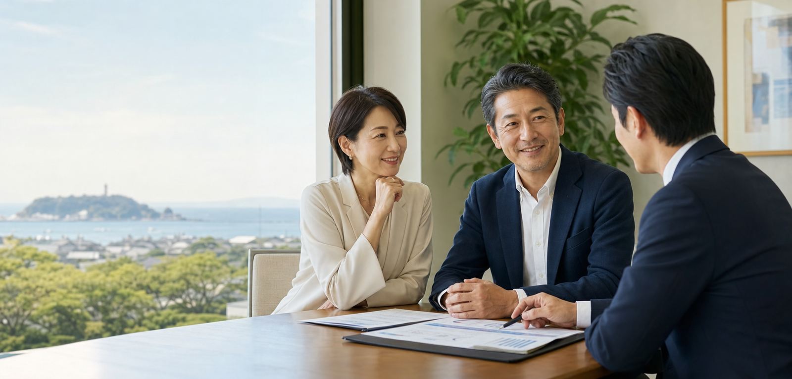 鎌倉の海を望む相談室で事業承継について話し合う経営者とアドバイザー